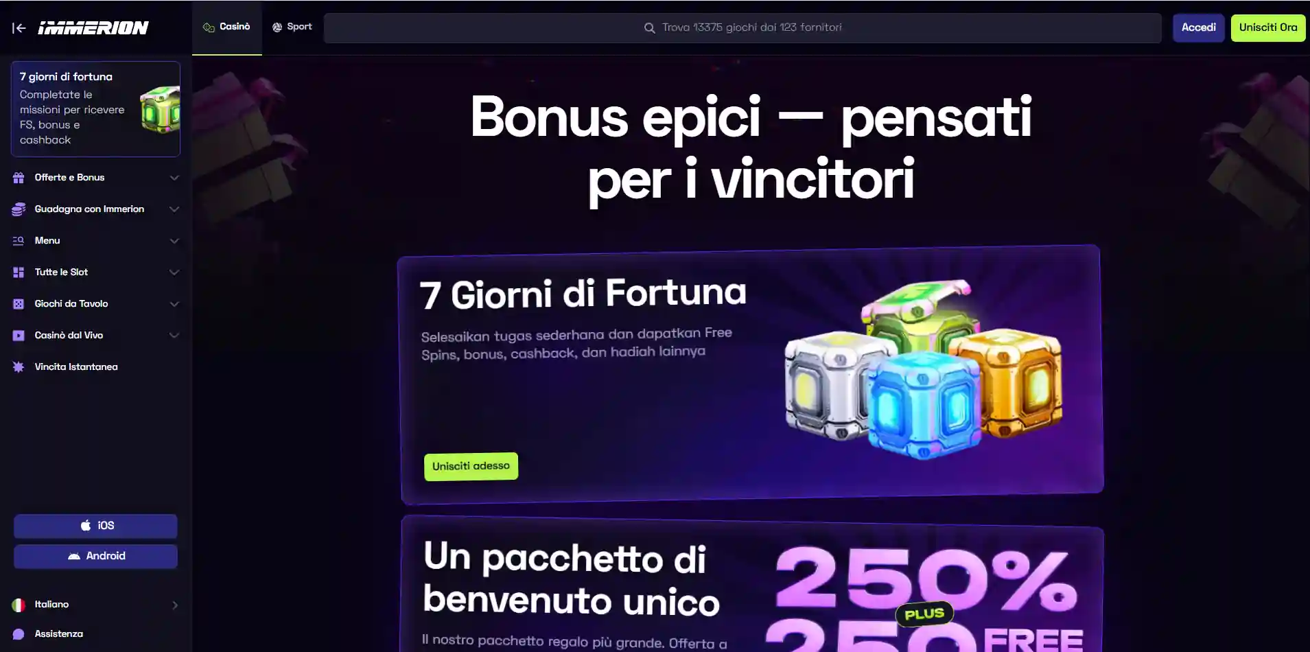 Sezione promozioni di Immerion con offerte disponibili