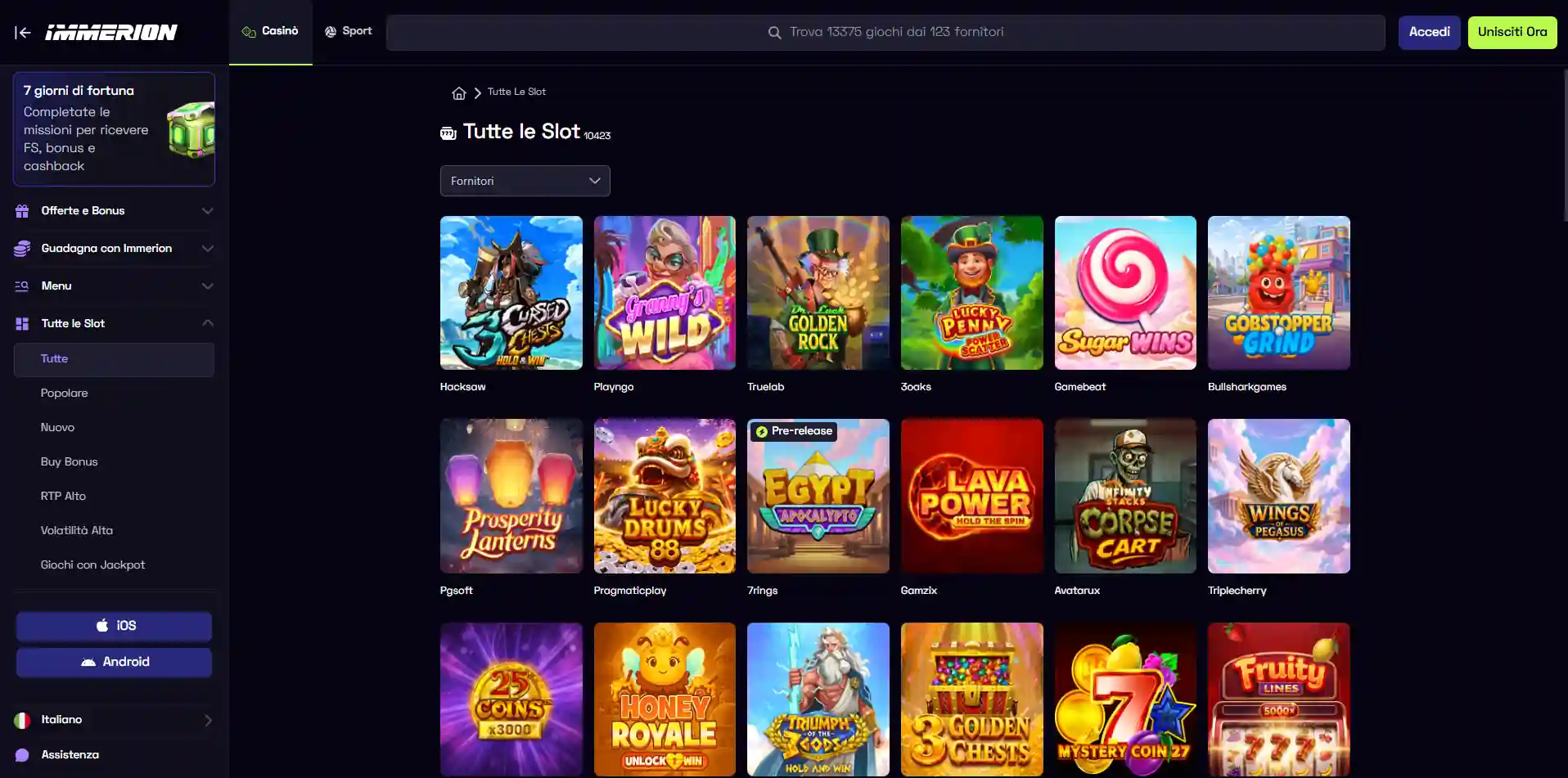 Lobby di Immerion con categorie di gioco e titoli disponibili