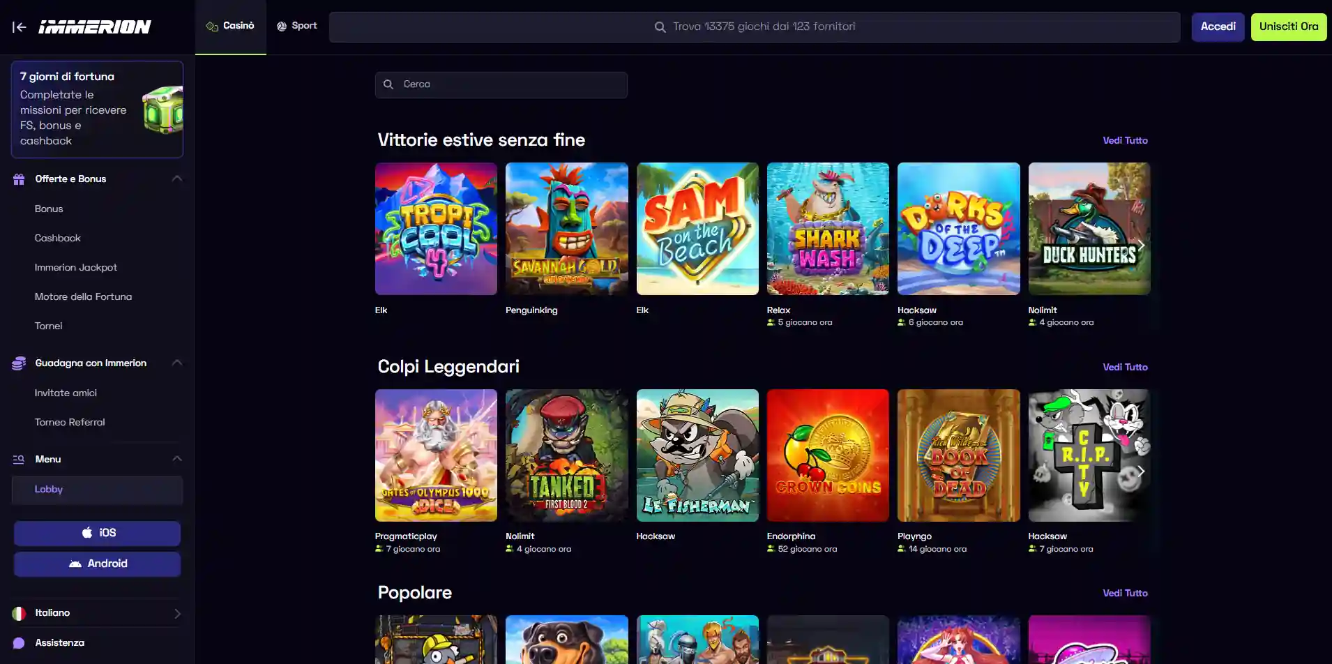 Homepage di Immerion con accesso alle principali sezioni del casinò