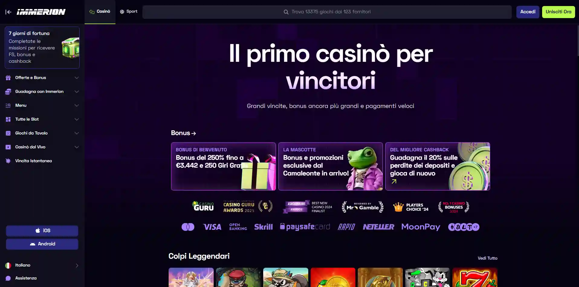 Lobby di Immerion con categorie di gioco e titoli disponibili